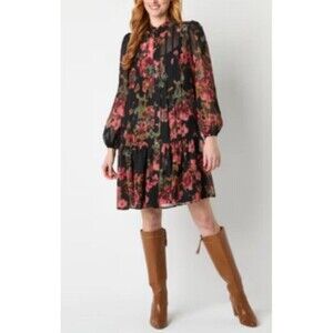MAIA Long Sleeve Floral Chiffon Shift Dress Women 12 Lined Above Length Button